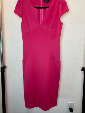 ABODY Hot Pink Bodycon Midi Dress Size Small Cap Sleeve V-Neck Pockets